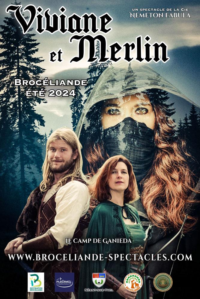 Affiche spectacle merlin viviane chevaleresse noir spectacle fore t broceliande camp de ganieda nemeton fabula 2024